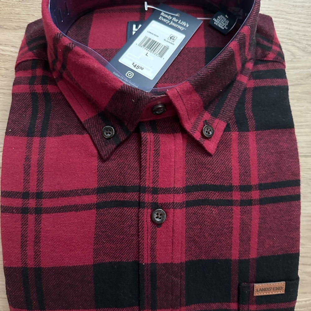 Lands' End Men's Red Plaid Shirt Red & Black Size Large